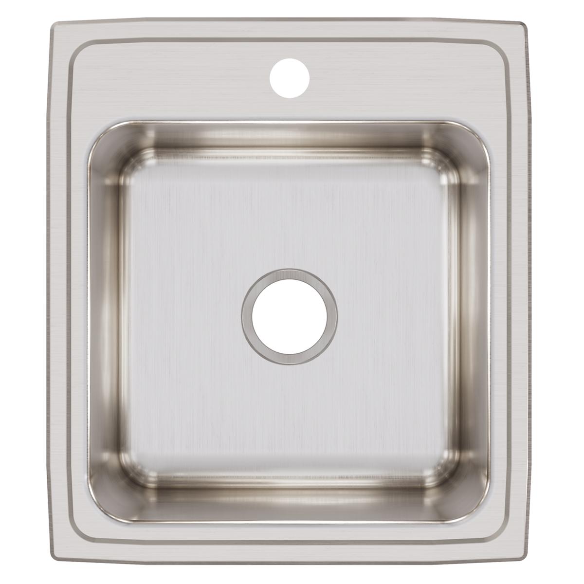 Stainless steel drop-in sink with single bowl, one faucet hole, and brushed finish shown from above.