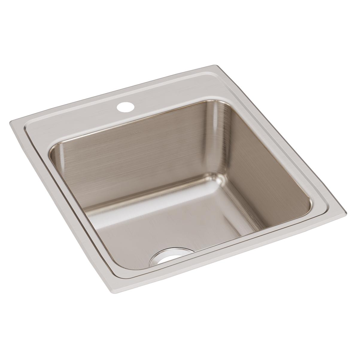 Stainless steel drop-in sink with single bowl, brushed finish, and one faucet hole on the rim.
