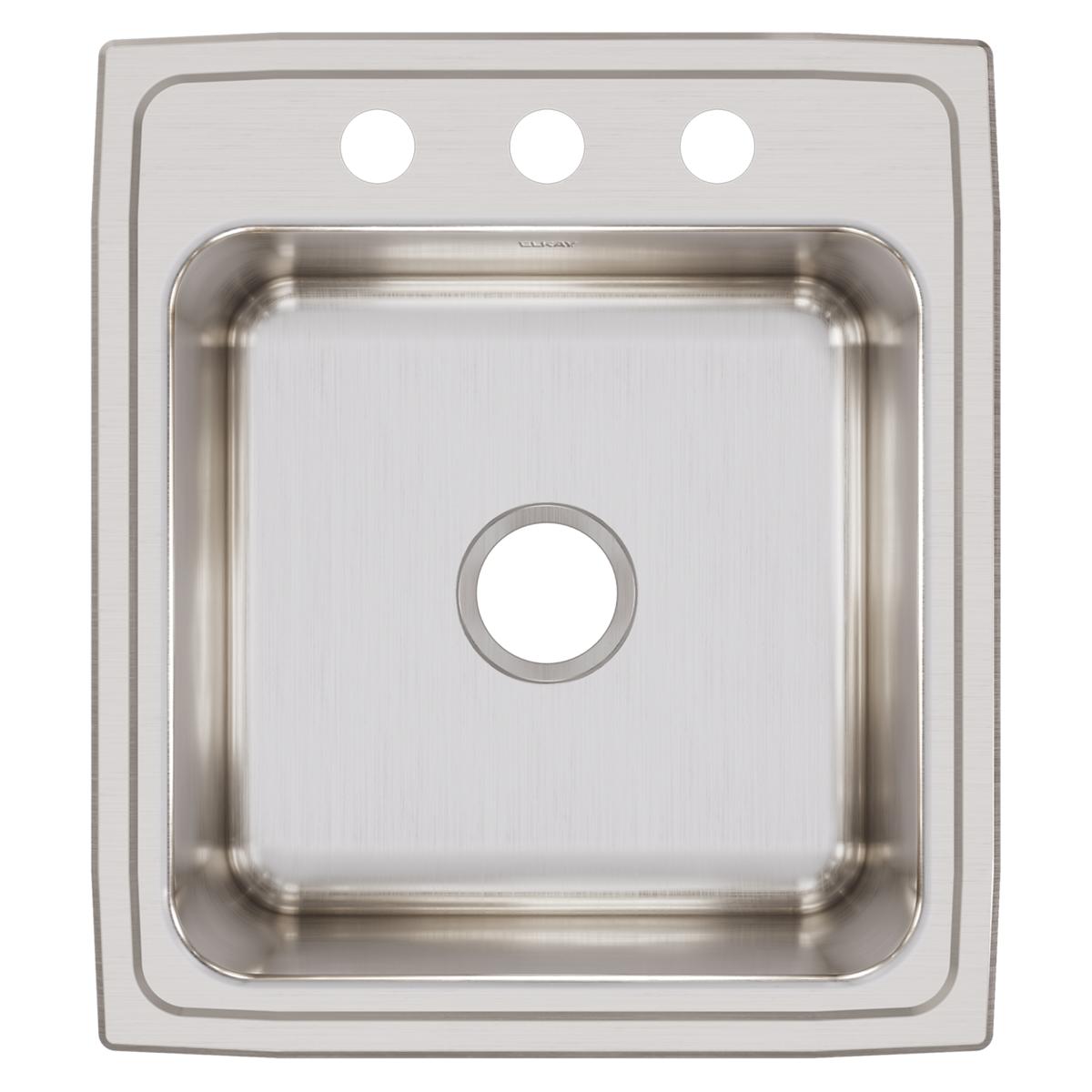 Stainless steel drop-in sink with single square bowl and three holes across brushed top rim.