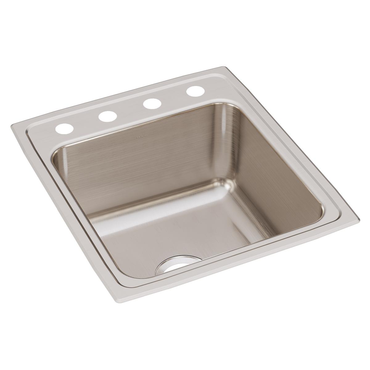 Stainless steel drop-in sink with single bowl and four holes along the rim for faucet mounting.