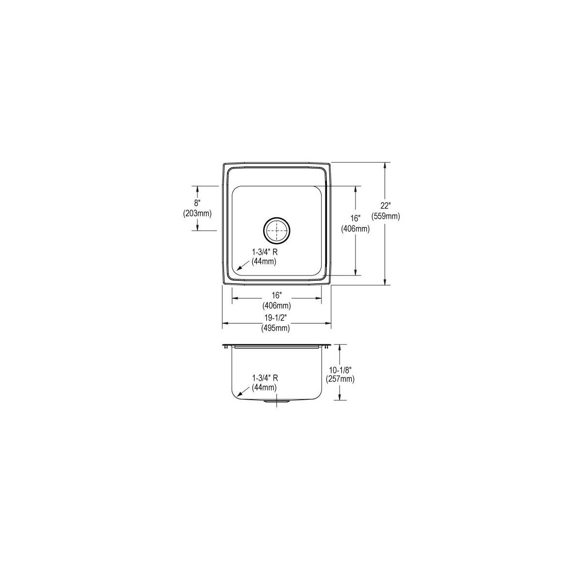Stainless steel drop-in sink with single bowl, four mounting holes, and rounded corners shown in top and side view technical 