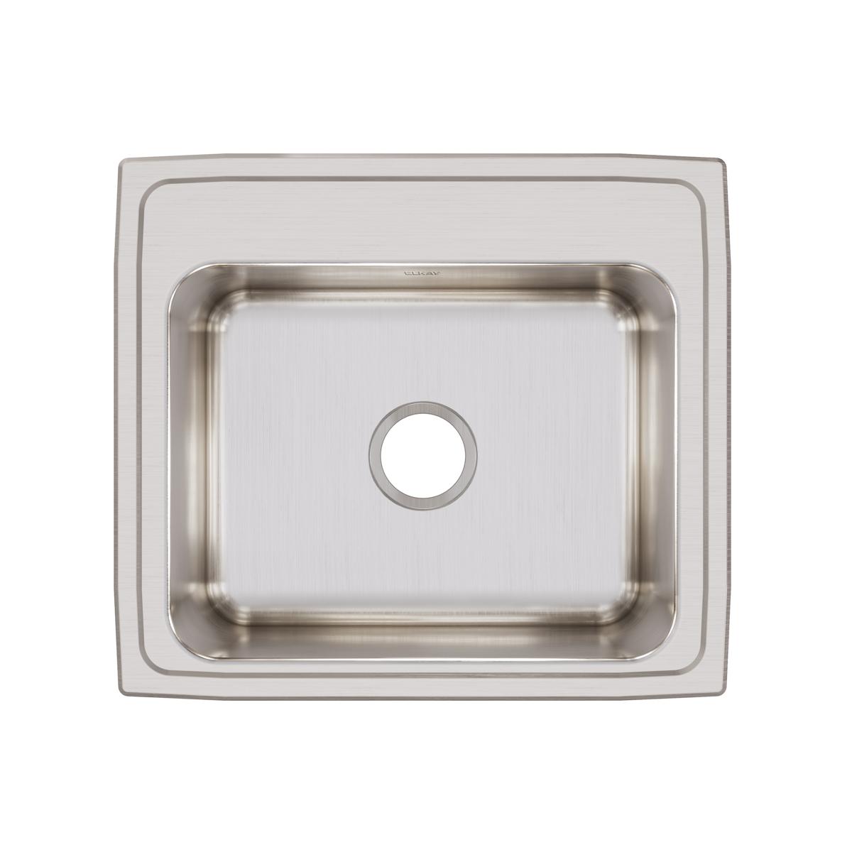 Stainless steel drop-in sink with single bowl and brushed finish, shown from above with one pre-drilled hole.