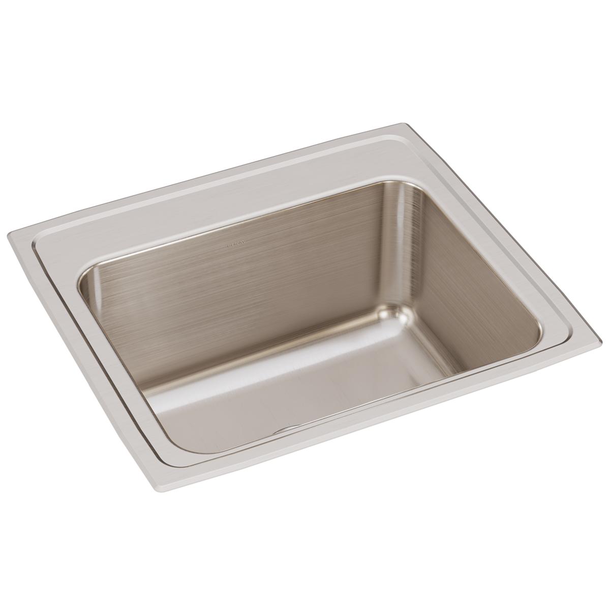 Brushed stainless steel rectangular drop-in sink with single bowl and rounded corners, shown from above at an angle.
