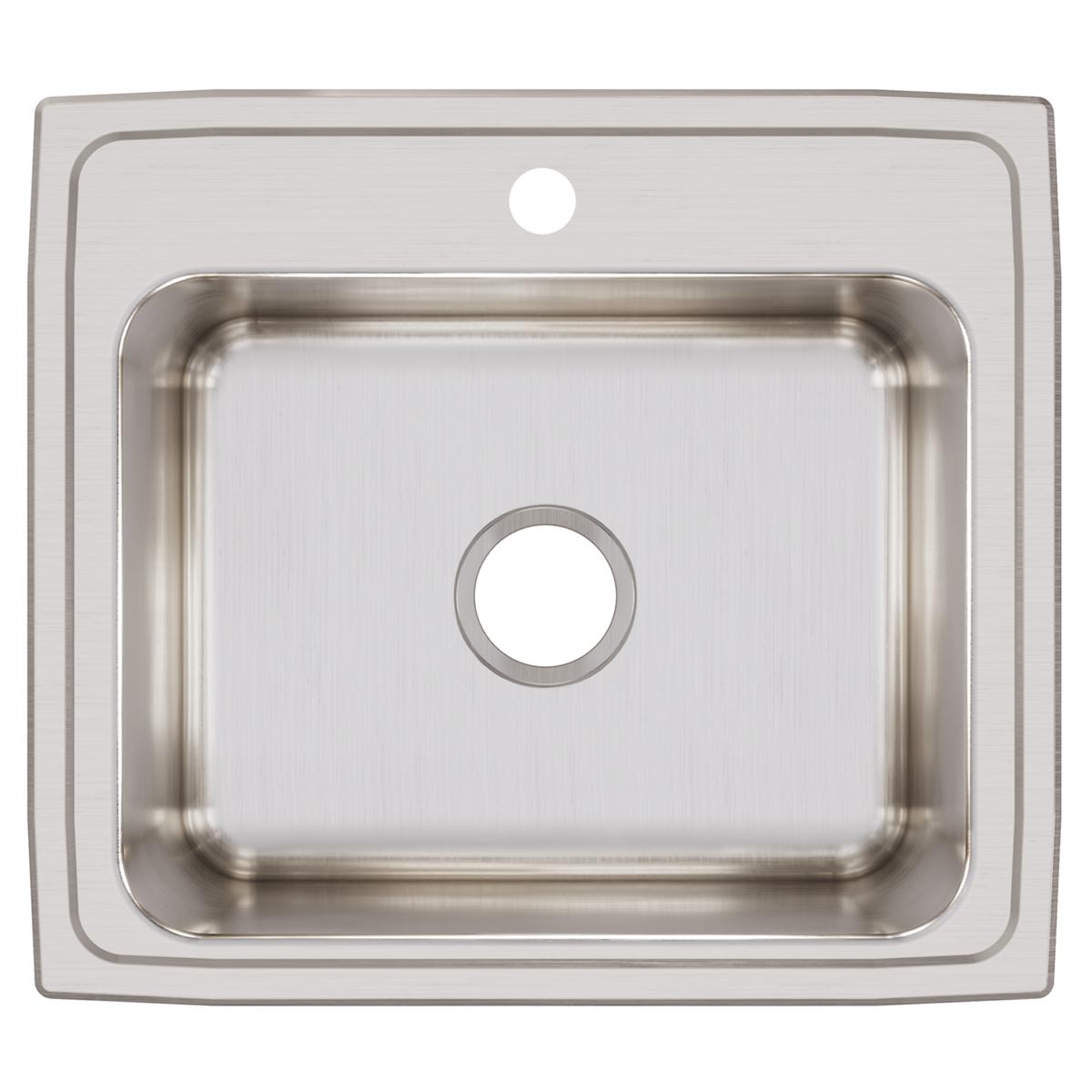 Stainless steel drop-in sink with single bowl, rounded corners, and one faucet hole on brushed surface.