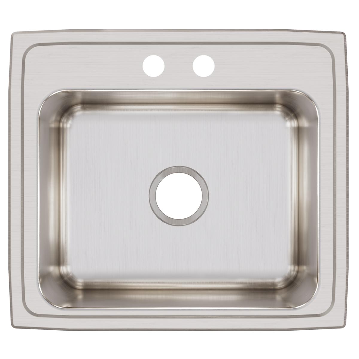 Stainless steel drop-in sink with single bowl, two faucet holes, and brushed finish surface.