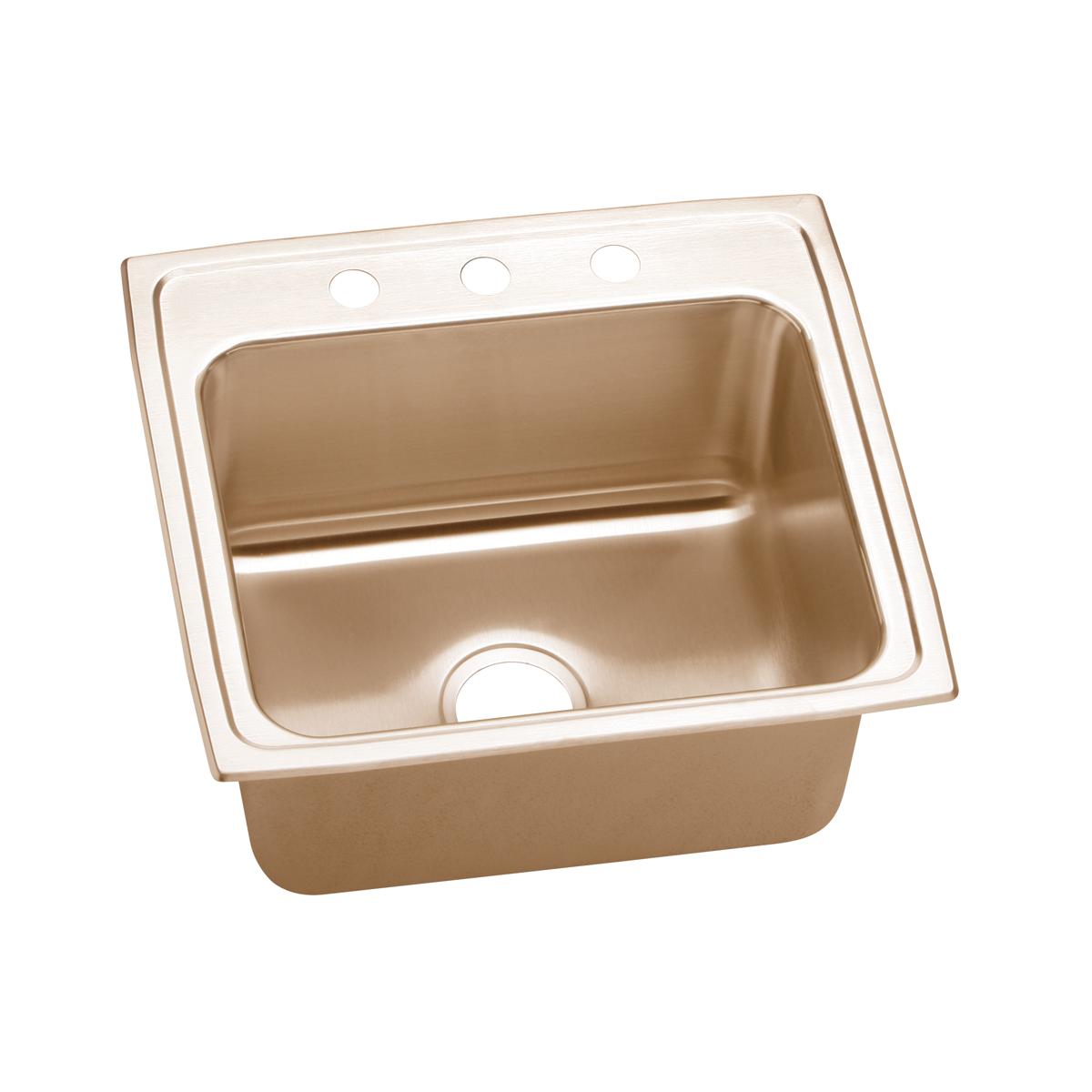 Copper-toned drop-in sink with single bowl, three mounting holes, and drain opening on bottom.