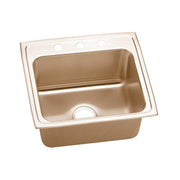 Copper-toned drop-in sink with single bowl, three mounting holes, and drain opening on bottom.