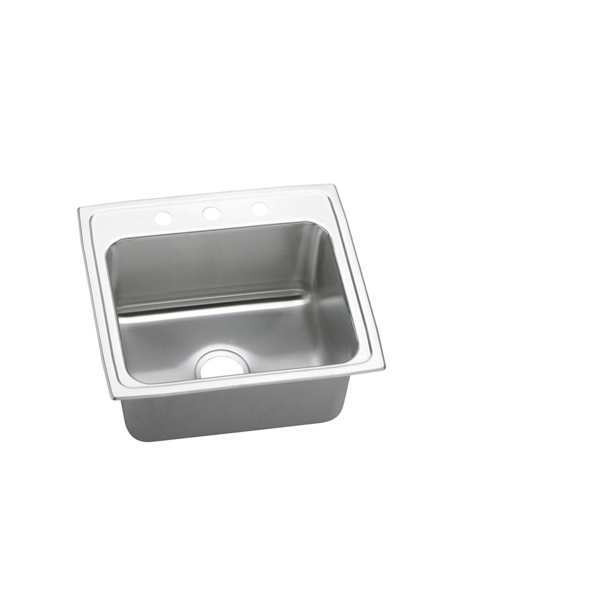 Stainless steel drop-in sink with single bowl, brushed finish, and two mounting holes on rim.
