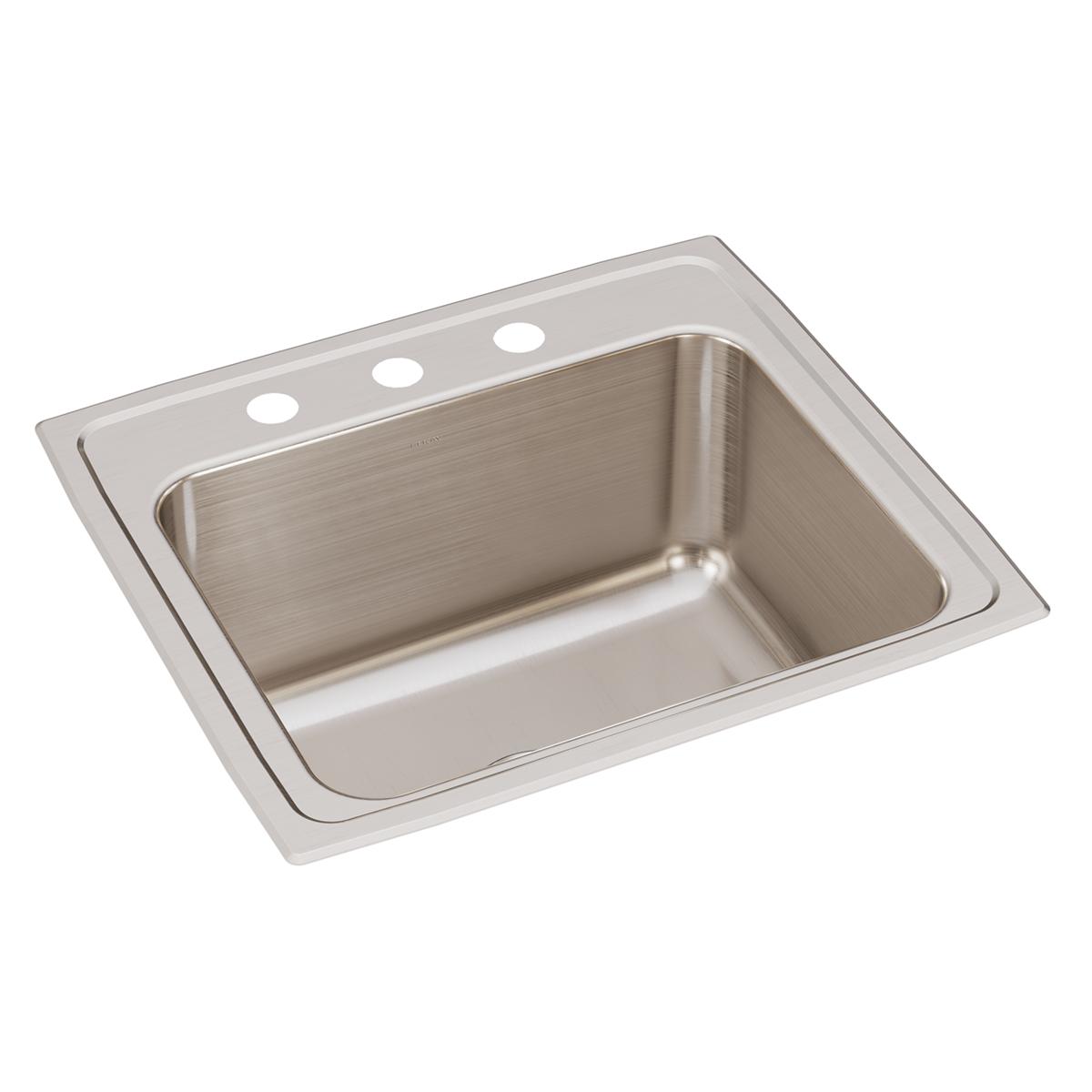 Stainless steel drop-in sink with single bowl and three mounting holes along the rim.