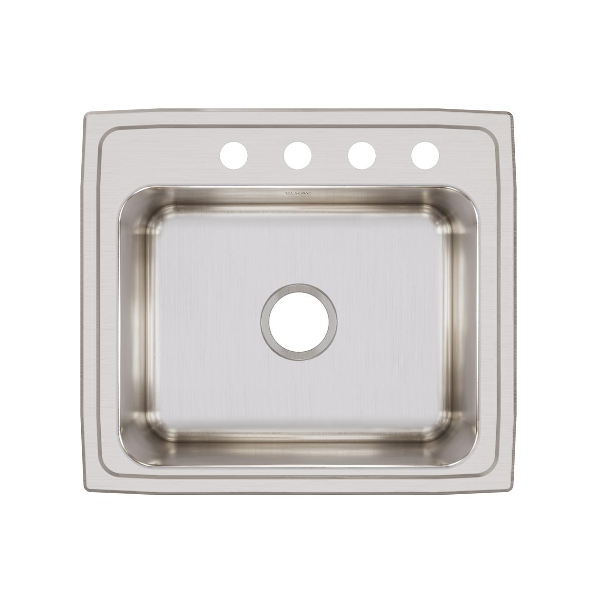 Stainless steel drop-in sink with single bowl, four pre-drilled holes on rim, and brushed finish, viewed from above.