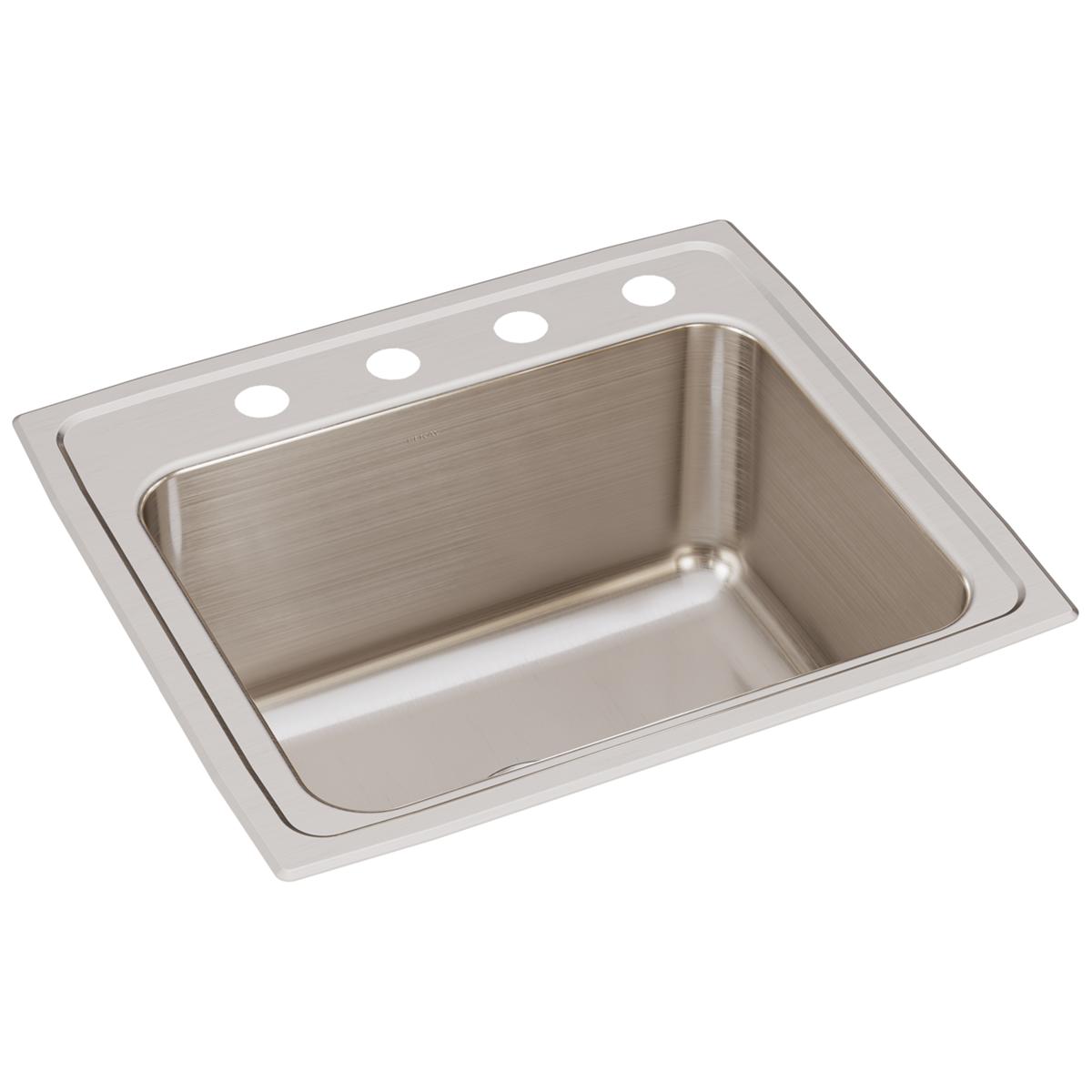 Stainless steel drop-in sink with single bowl and four faucet holes along the rim.