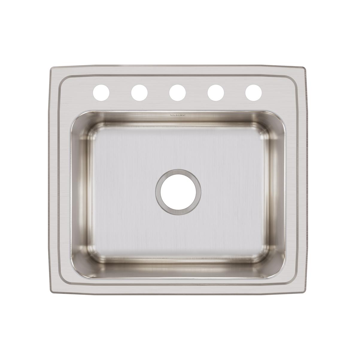 Stainless steel drop-in sink with single bowl, five pre-drilled holes across top rim, and brushed finish.