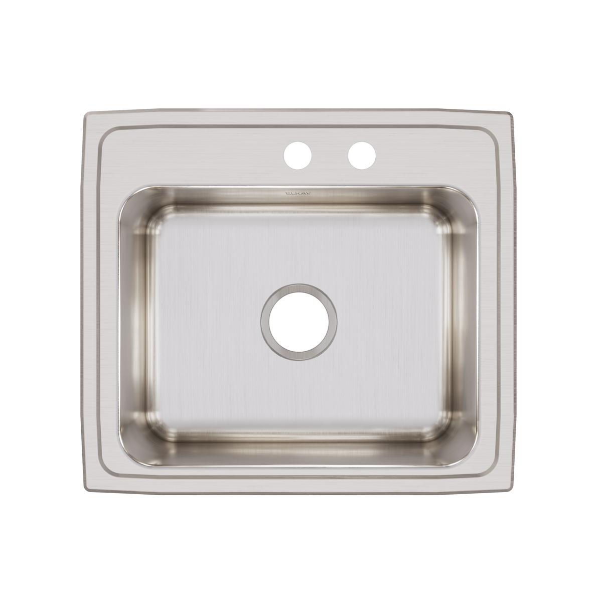 Stainless steel drop-in sink with single bowl, two pre-drilled holes on rim, and brushed finish.
