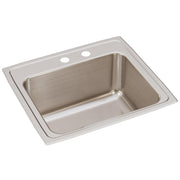 Stainless steel drop-in sink with single bowl and two pre-drilled holes on the rim.