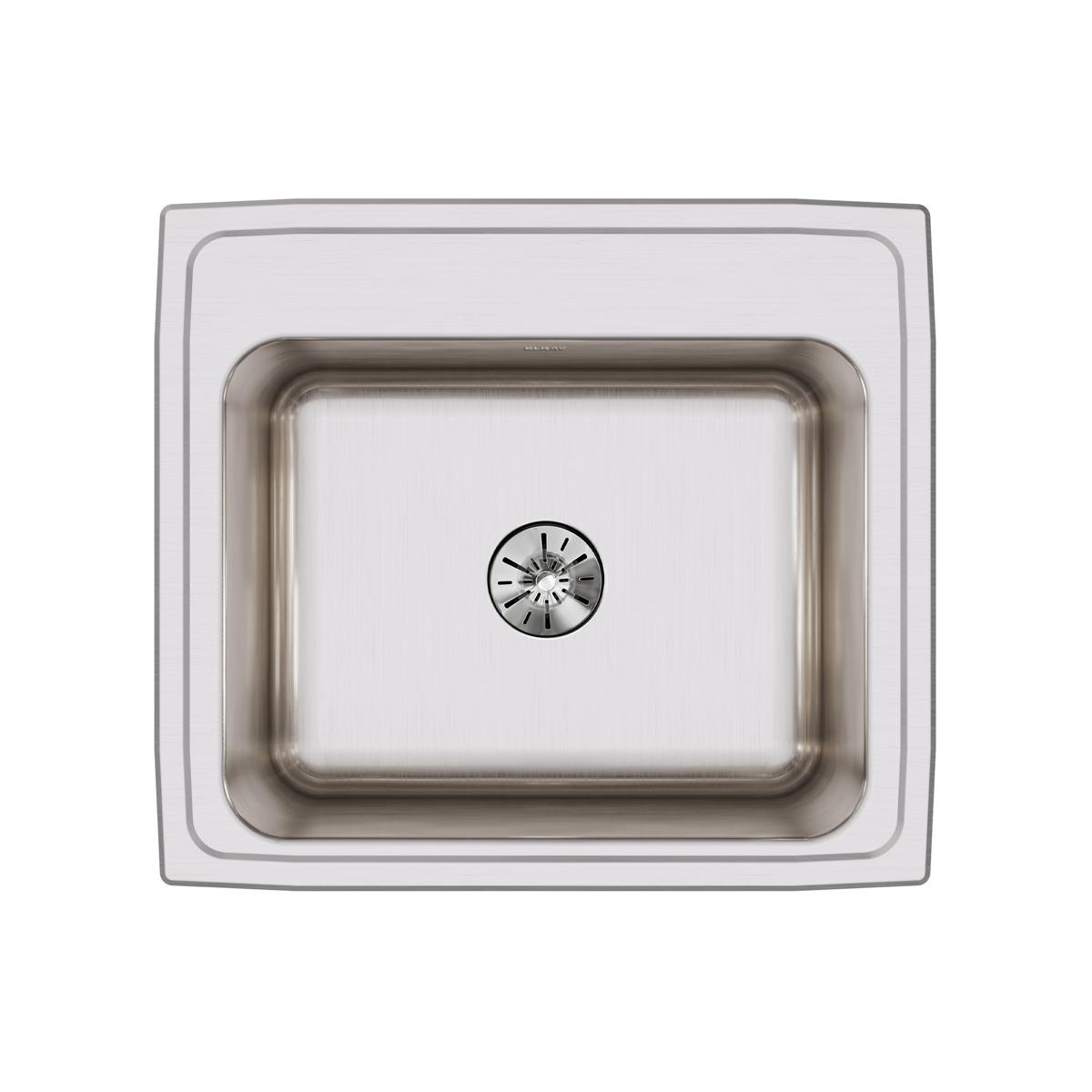 Stainless steel rectangular drop-in sink with single bowl and centered drain viewed from above.
