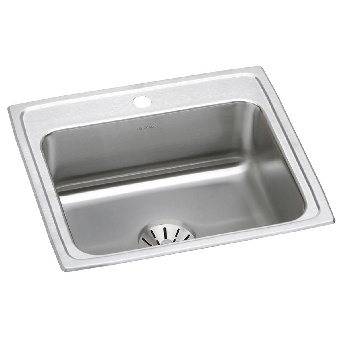 Stainless steel drop-in sink with single bowl, drain basket, and one faucet hole in brushed finish.