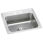 Stainless steel drop-in sink with single bowl, drain strainer, and two faucet holes on brushed deck.