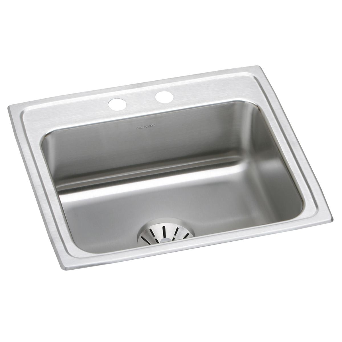 Stainless steel drop-in sink with single bowl, drain strainer, and two faucet holes on brushed deck.