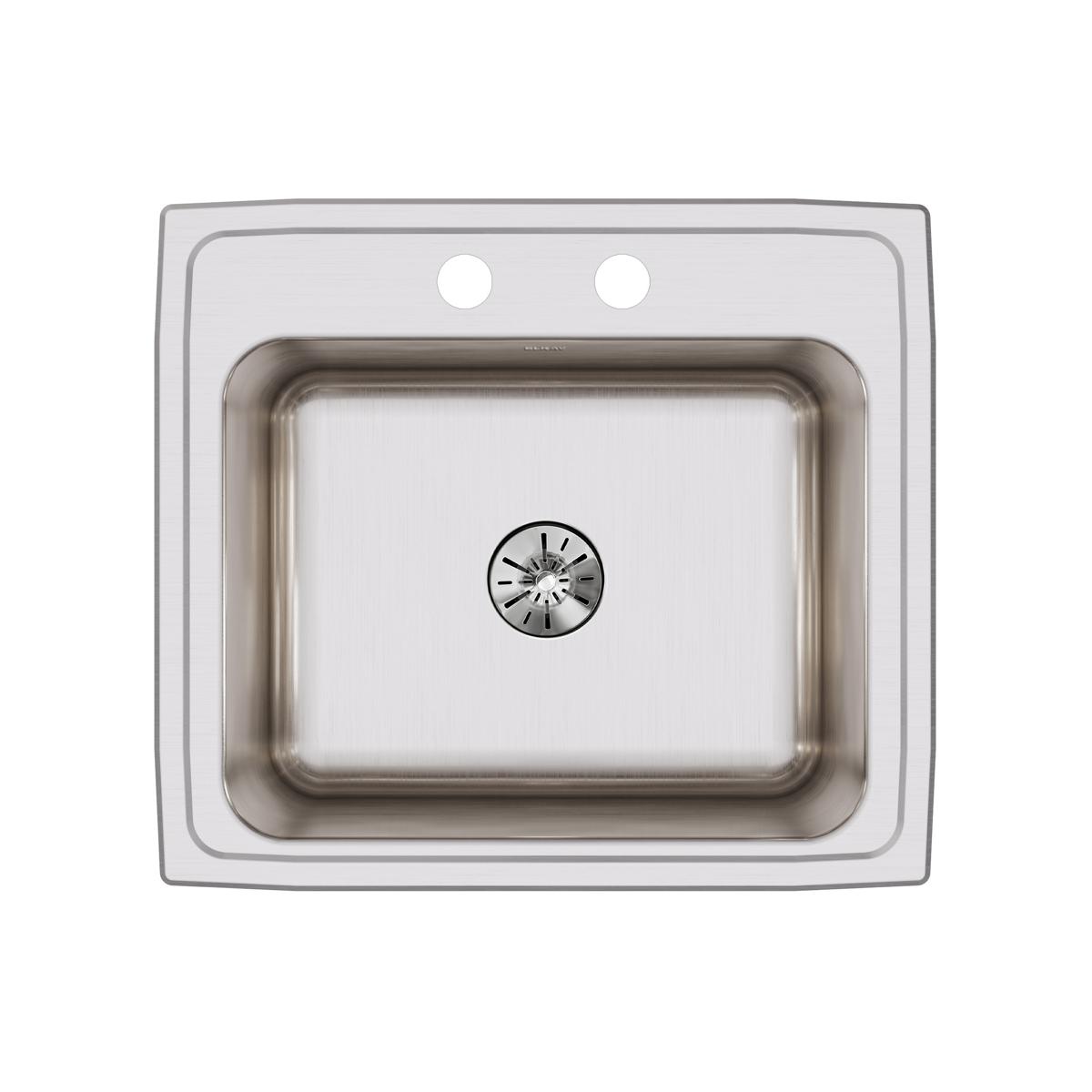 Stainless steel drop-in sink with single rectangular bowl, two pre-drilled holes, and centered drain opening, viewed from abo