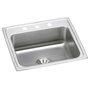 Stainless steel drop-in sink with single bowl, drain basket, and three pre-drilled mounting holes on the rim.