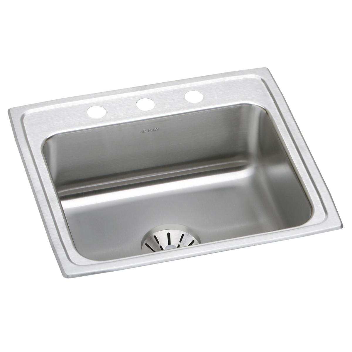Stainless steel drop-in sink with single bowl, drain basket, and three pre-drilled mounting holes on the rim.