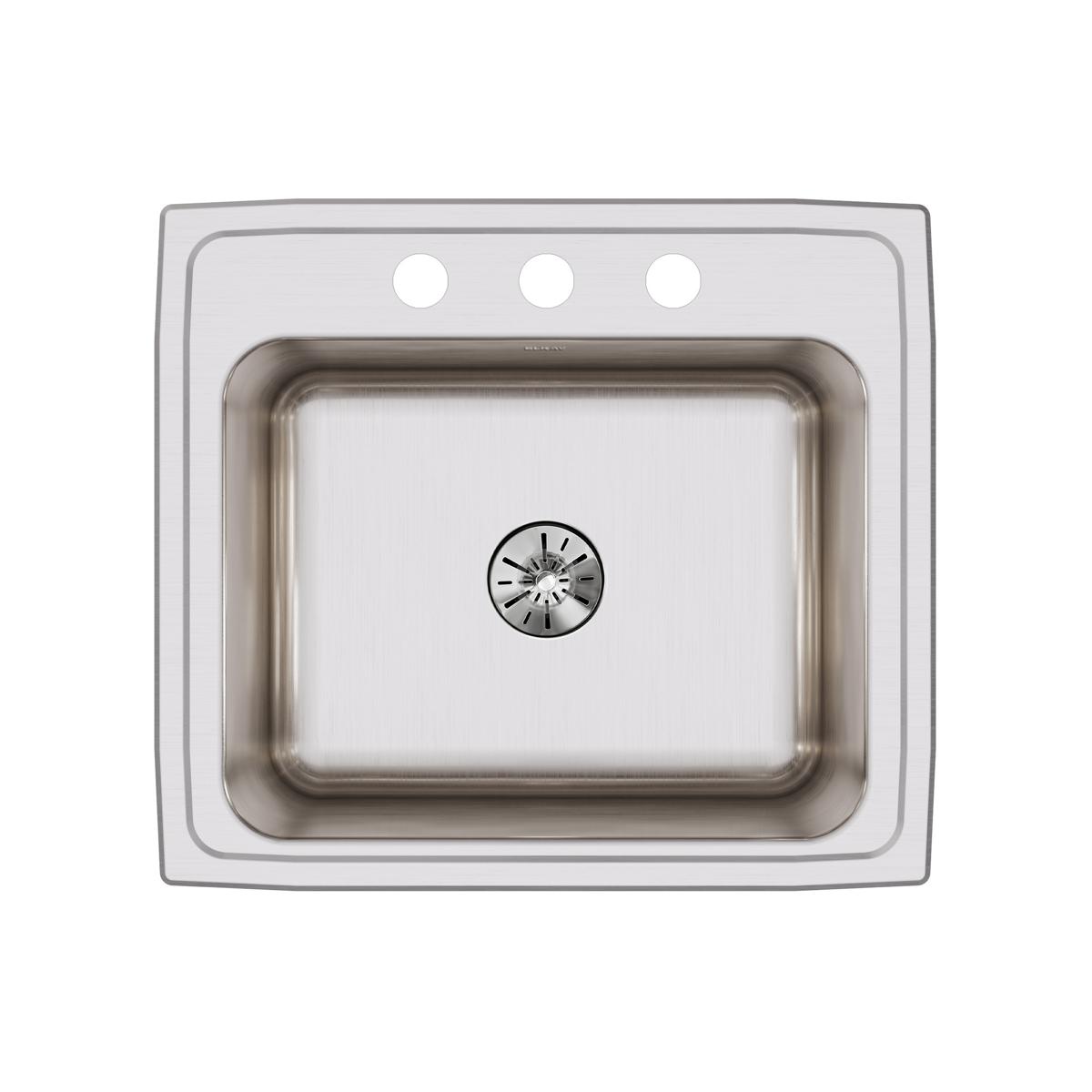 Stainless steel drop-in sink with single rectangular bowl, three mounting holes across top rim, and center drain fitting.