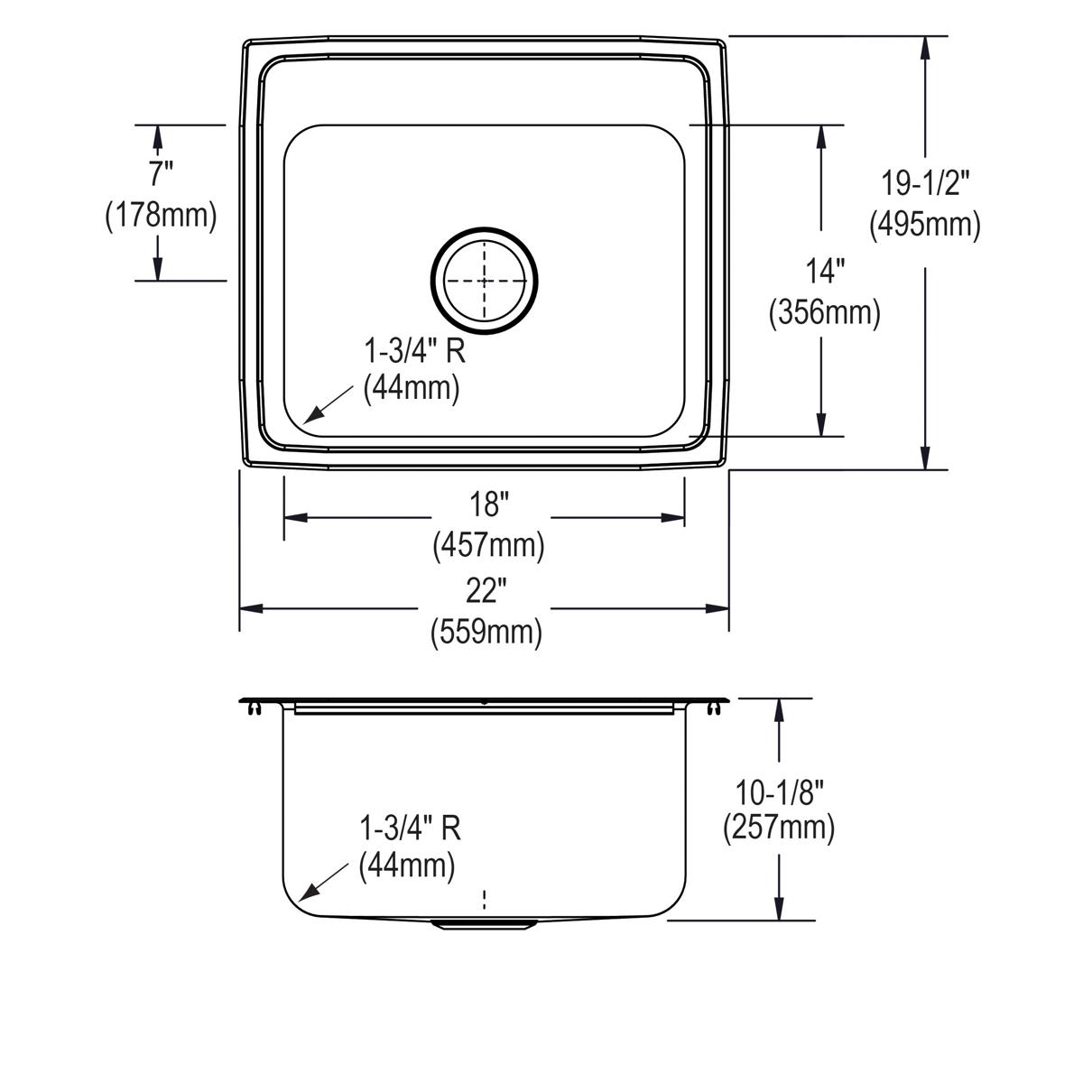 Stainless steel drop-in sink with single bowl, one faucet hole, and rounded corners shown in top and side views with dimensio