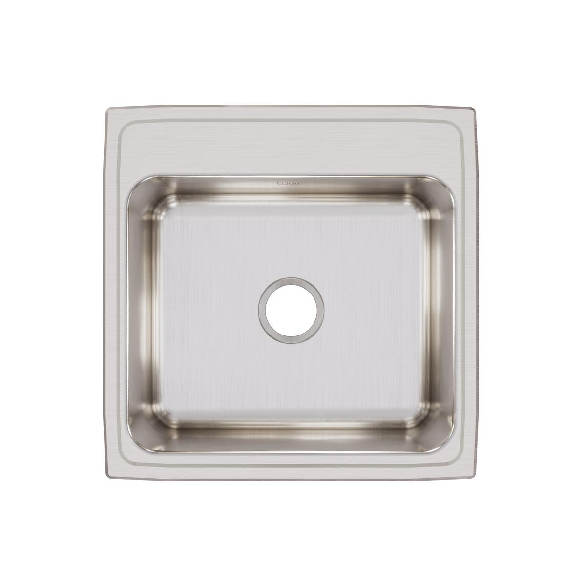 Square stainless steel drop-in sink with single bowl and brushed finish, viewed from above.