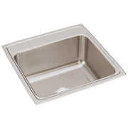 Stainless steel drop-in sink with single bowl and brushed finish, viewed from above at an angle.