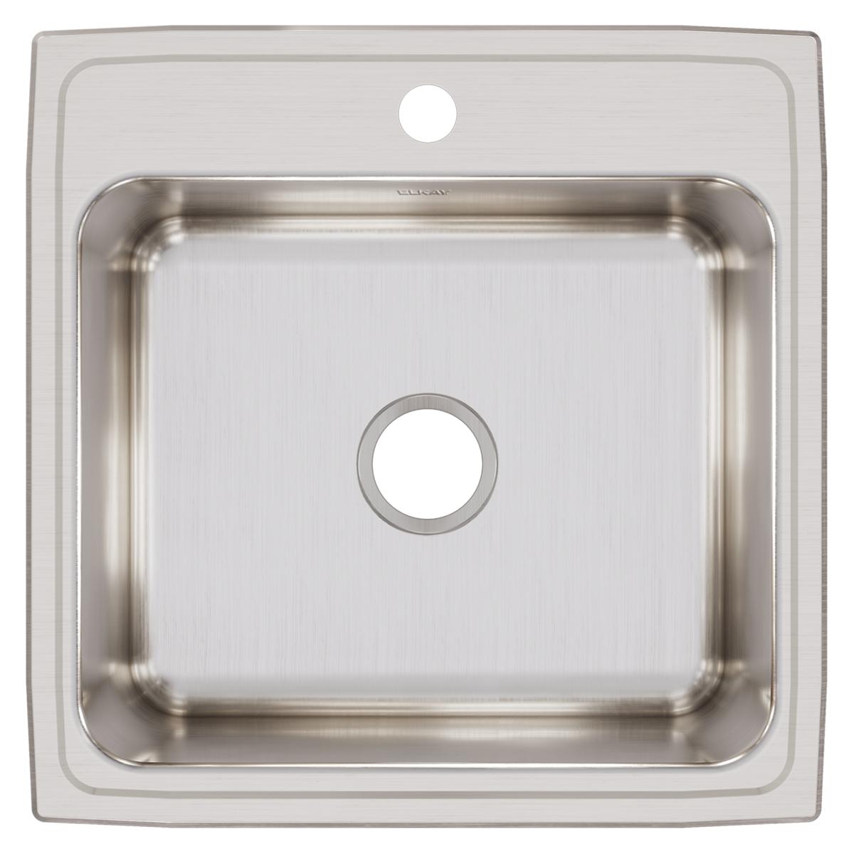 Square stainless steel drop-in sink with single bowl, brushed finish, and one faucet hole.