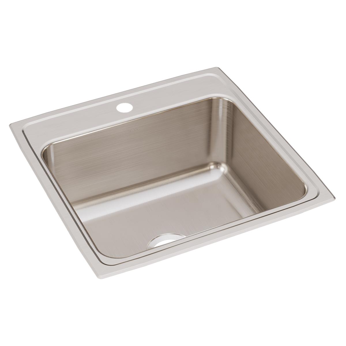 Stainless steel drop-in sink with single bowl and one faucet hole on the rim.
