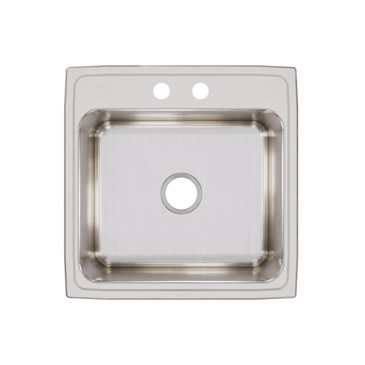 Stainless steel square drop-in sink with single bowl, two faucet holes, and brushed finish.