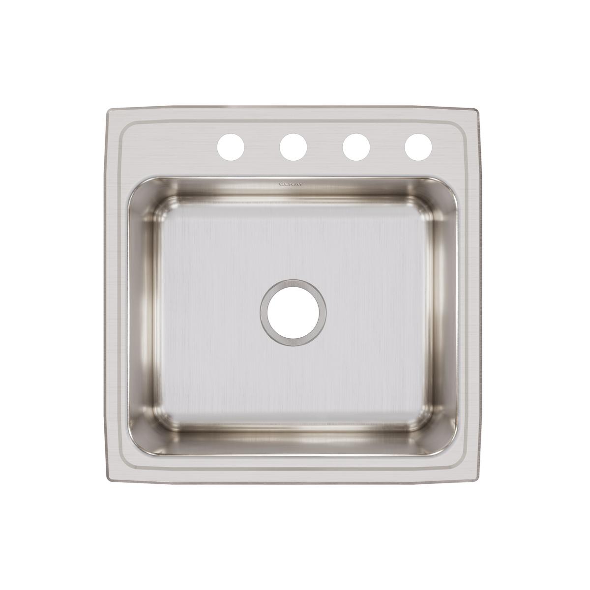 Stainless steel drop-in sink with single bowl and four mounting holes across the rim.