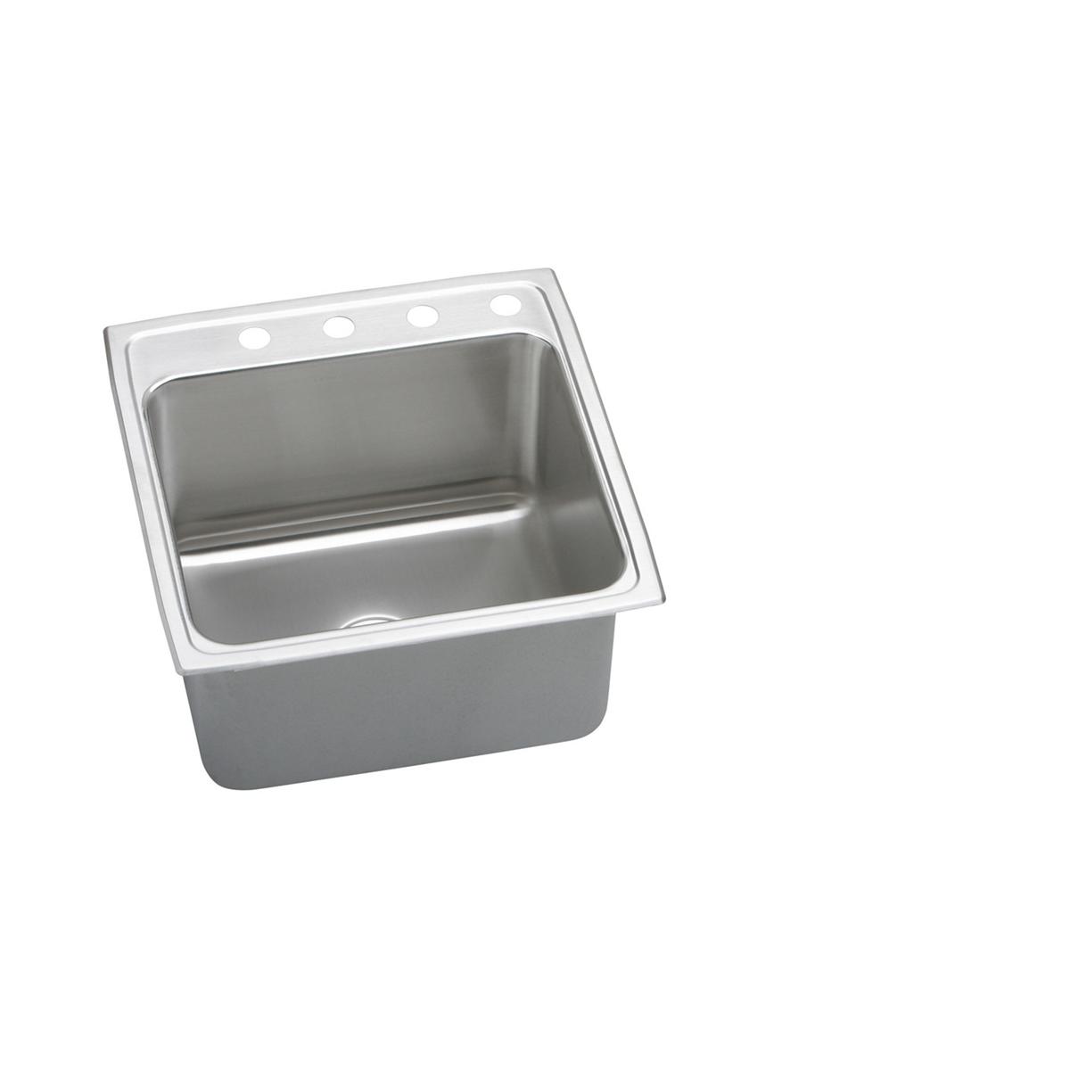 Stainless steel drop-in sink with single bowl and one faucet hole in rim.
