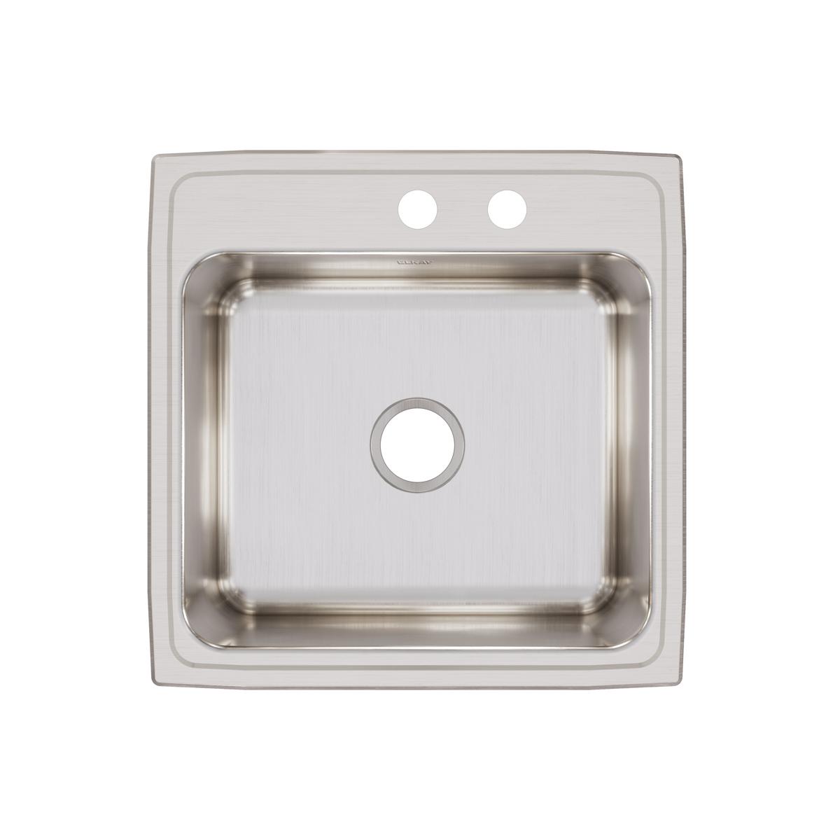 Stainless steel single bowl drop-in sink with brushed finish, two pre-drilled holes on rim, and drain opening.