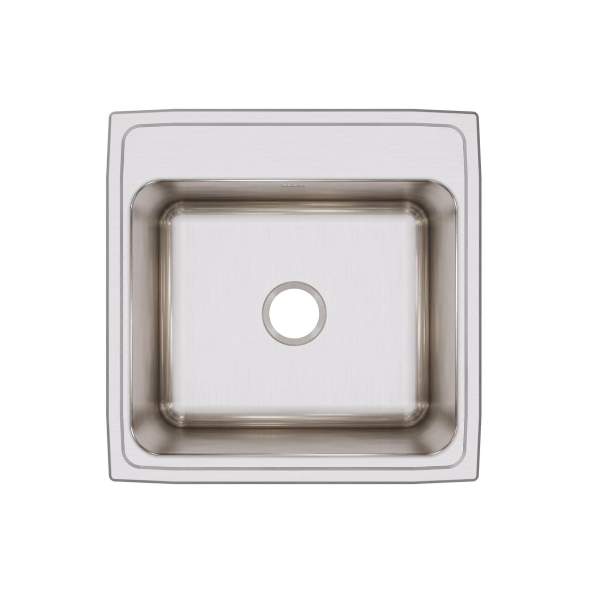 Stainless steel square drop-in sink with single bowl and one drain hole, viewed from above.