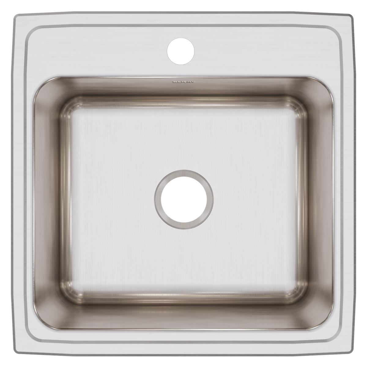 Stainless steel drop-in sink with single square bowl and one faucet hole, brushed finish.