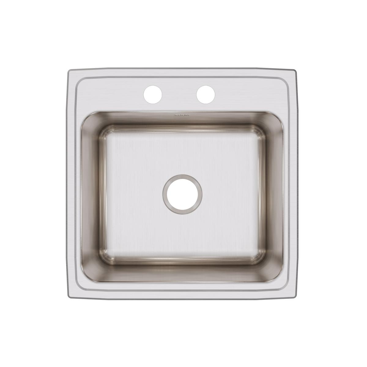Stainless steel drop-in sink with single bowl, two faucet holes, and brushed finish, viewed from above.