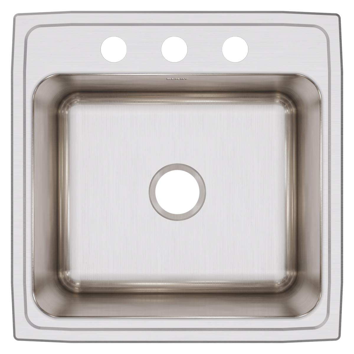 Stainless steel drop-in sink with single bowl and three mounting holes on rim.