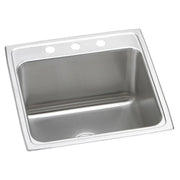 Stainless steel square drop-in sink with single bowl and three faucet holes on the rim.