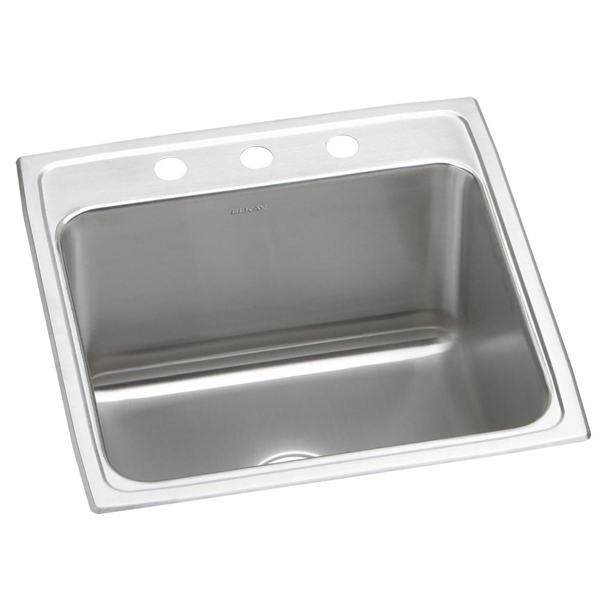 Stainless steel square drop-in sink with single bowl and three faucet holes on the rim.
