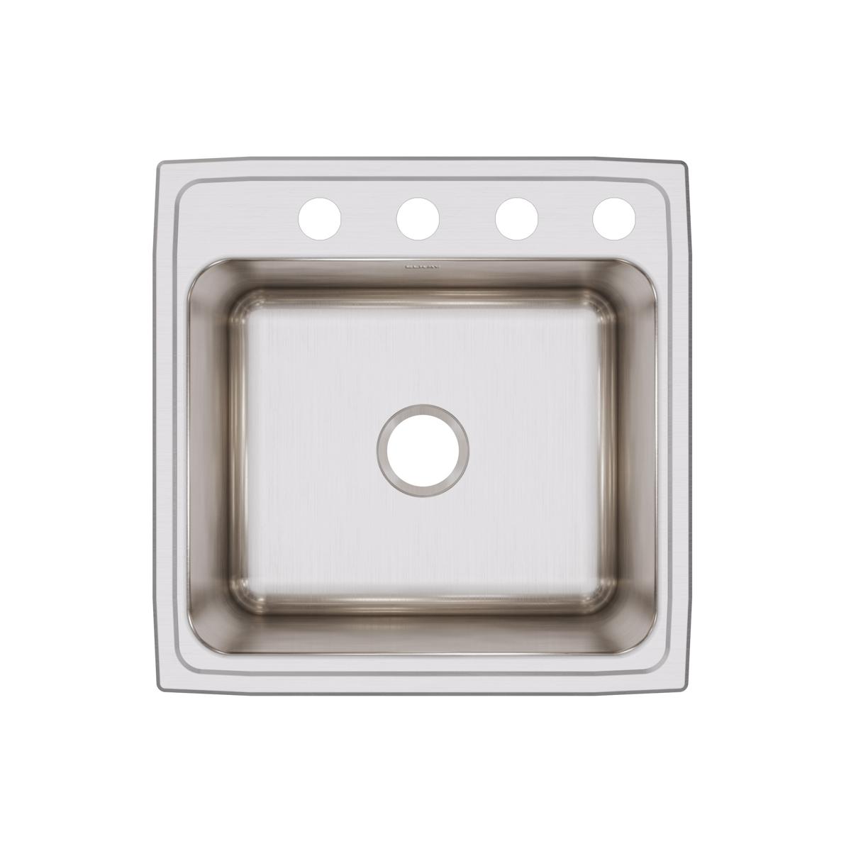 Stainless steel drop-in sink with single bowl and four pre-drilled holes for faucet mounting, shown from above.