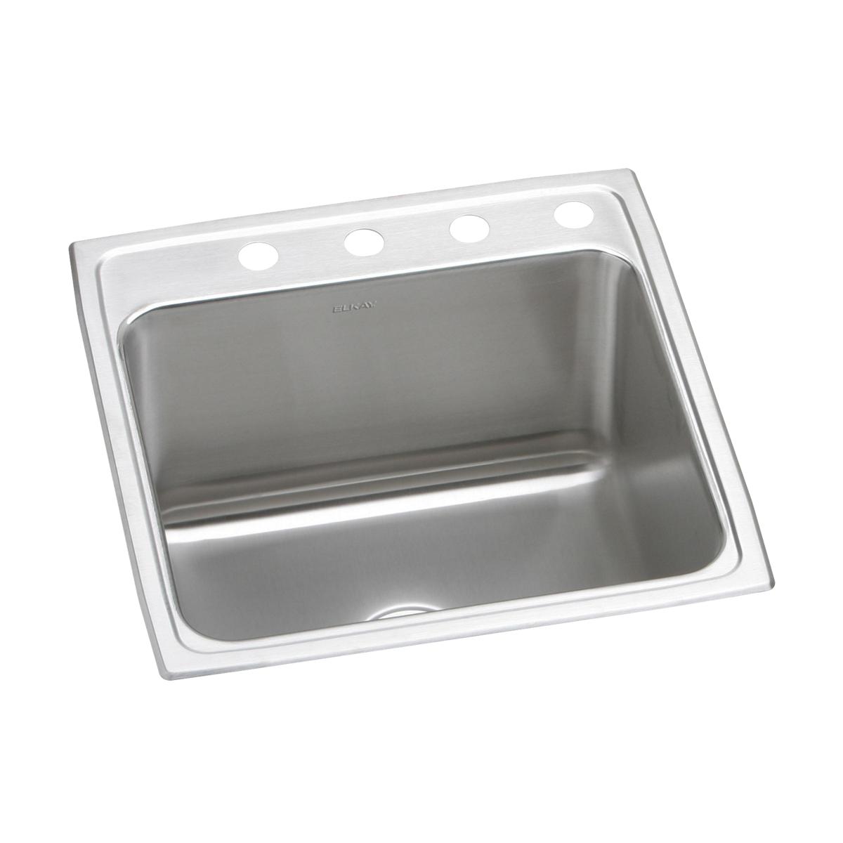 Stainless steel drop-in sink with single bowl and four mounting holes along the rim.
