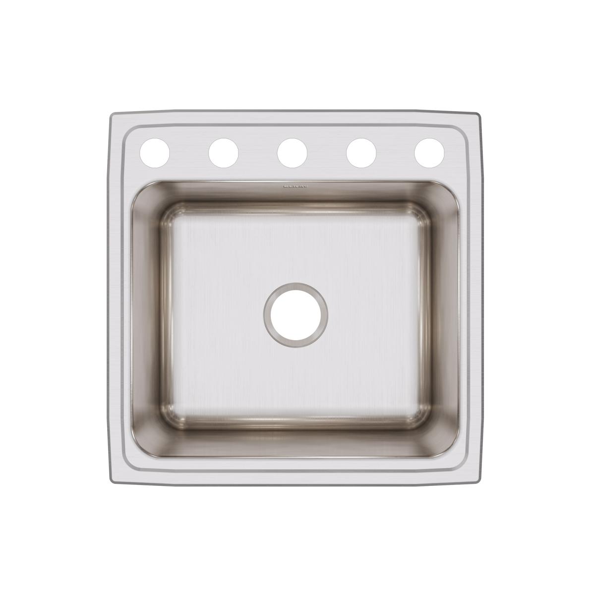 Stainless steel drop-in sink with single bowl and five mounting holes across the rim, shown from above.