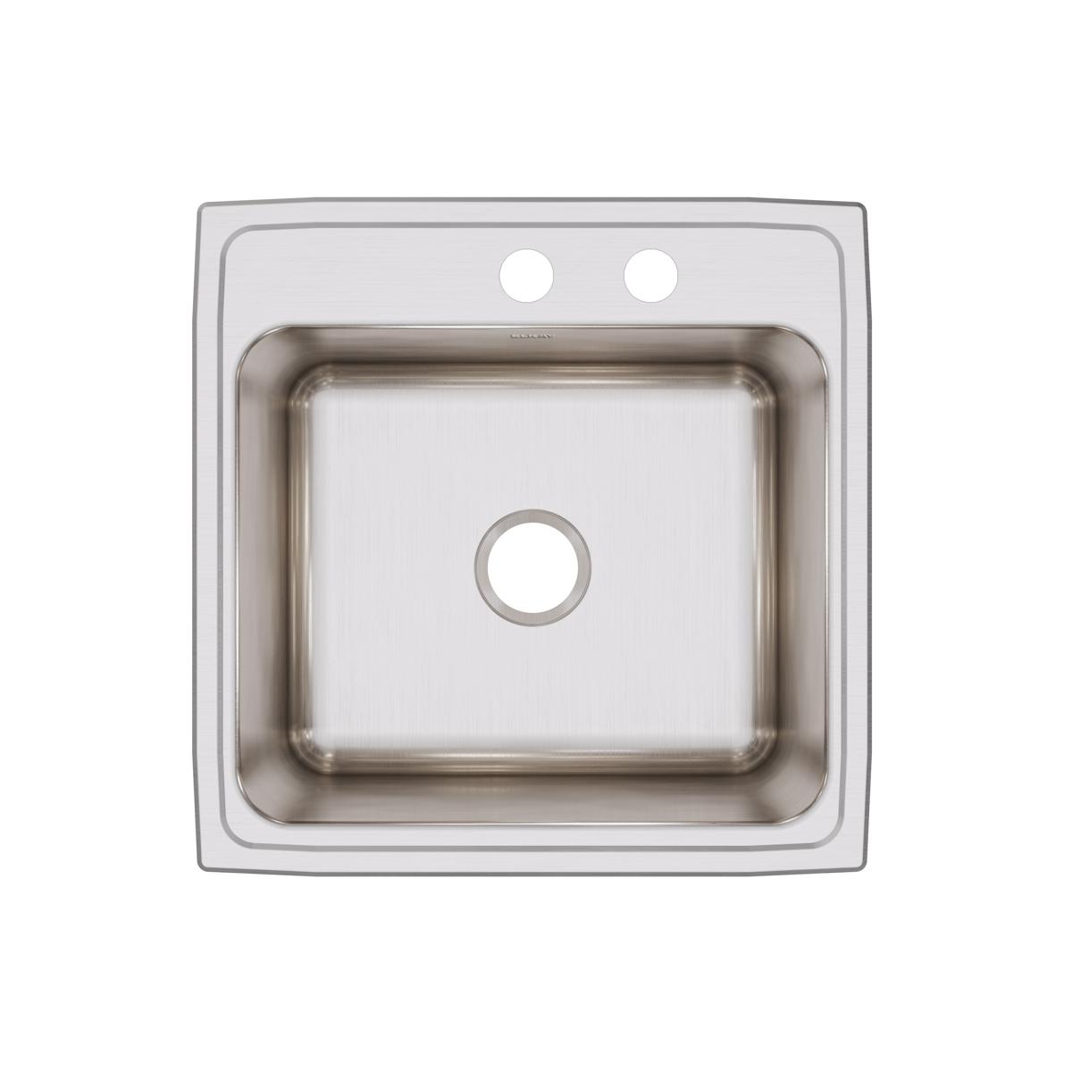 Stainless steel drop-in sink with single bowl, two faucet holes on deck, and brushed finish.