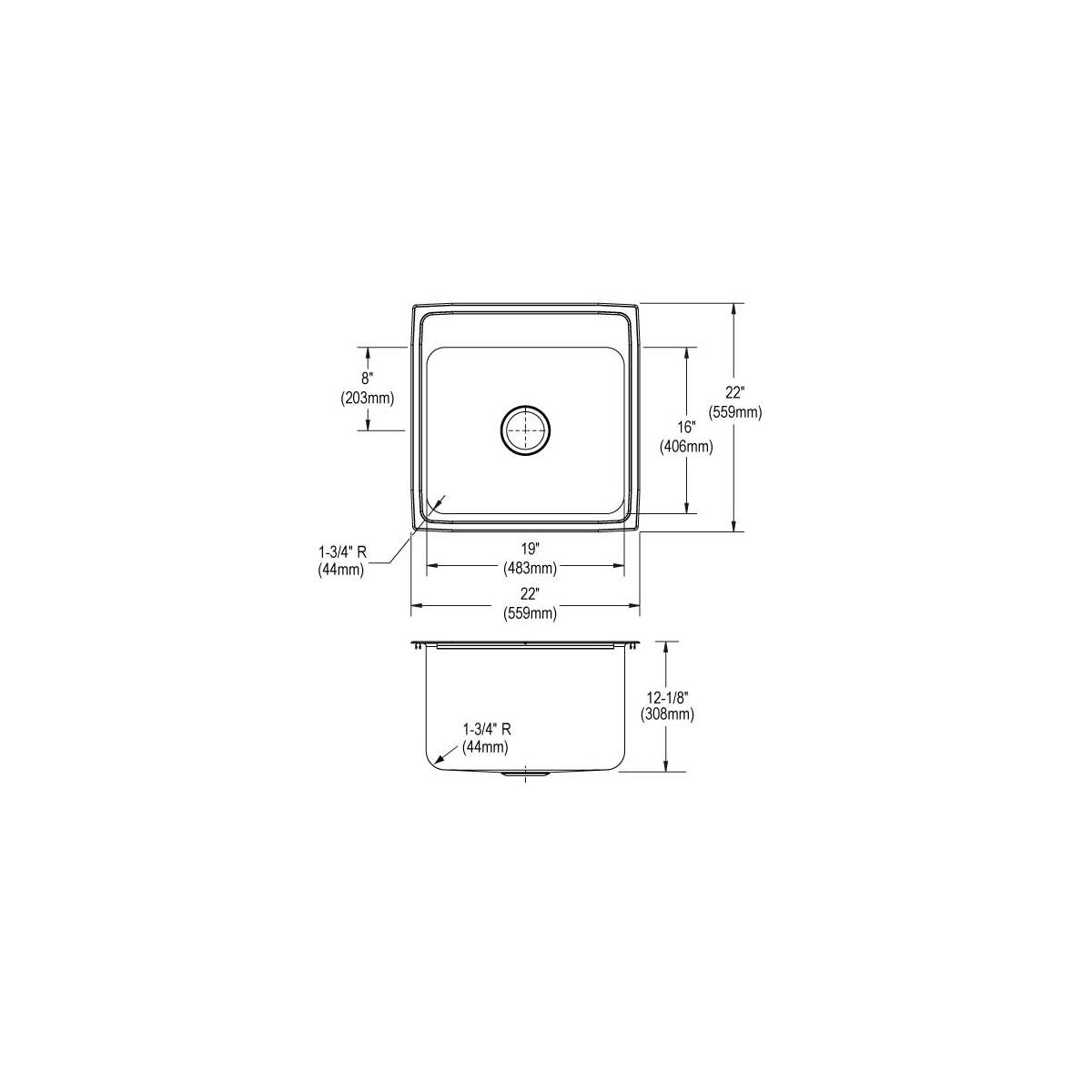 Technical schematic showing top and side views of a square stainless steel drop-in sink with single bowl and two mounting hol