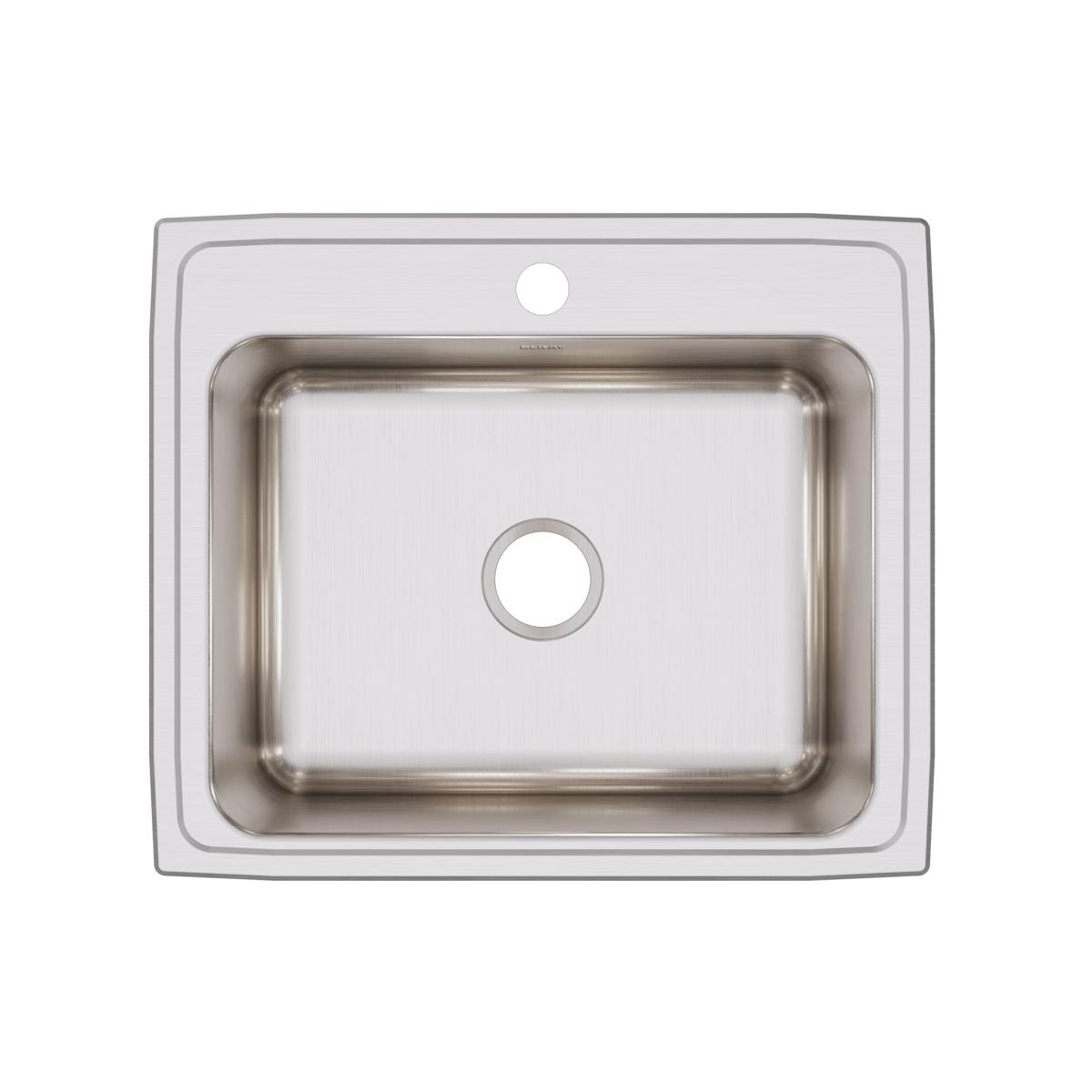 Stainless steel drop-in sink with single bowl, brushed finish, and one faucet hole, viewed from above.
