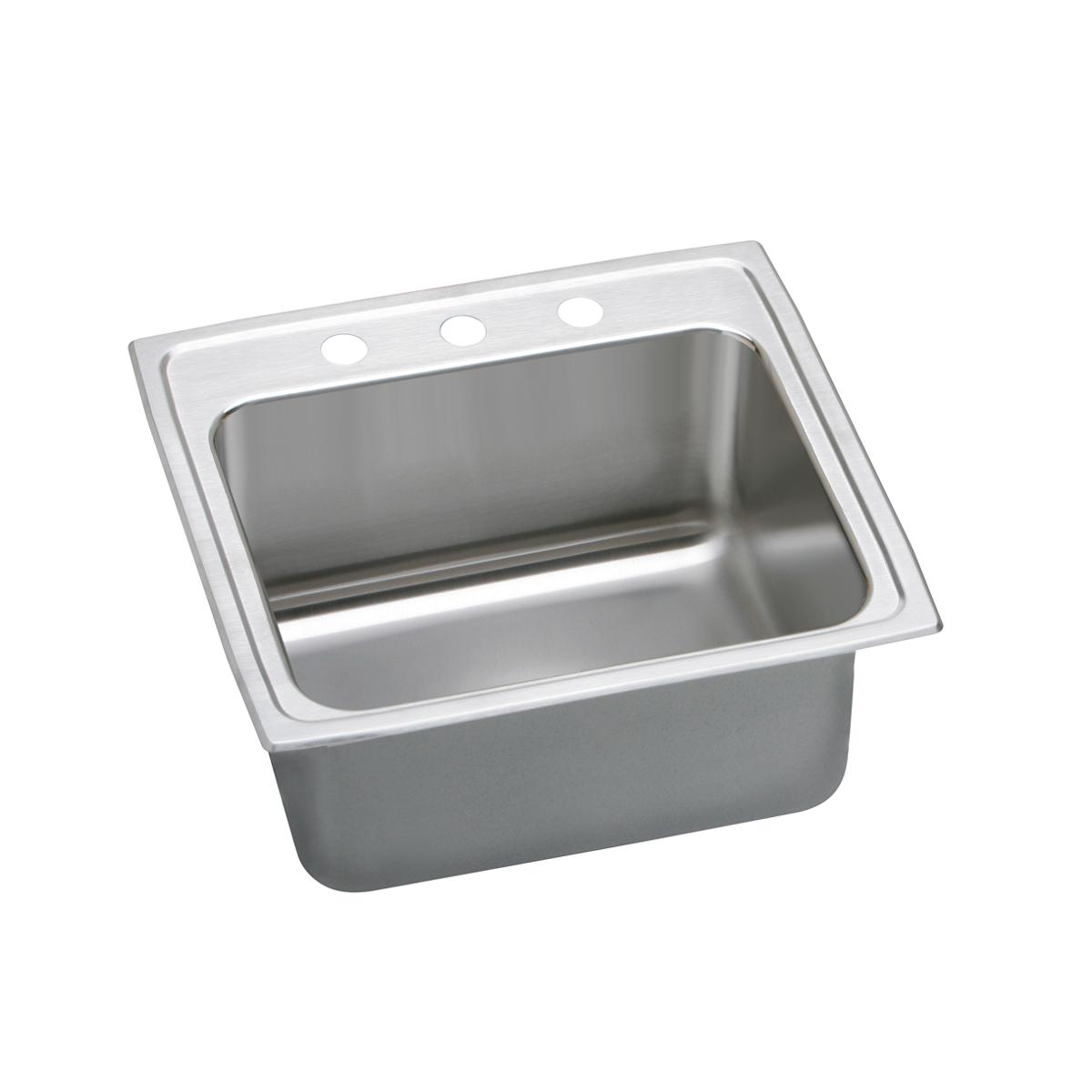 Stainless steel drop-in sink bowl with four mounting holes along the rim and single basin design.