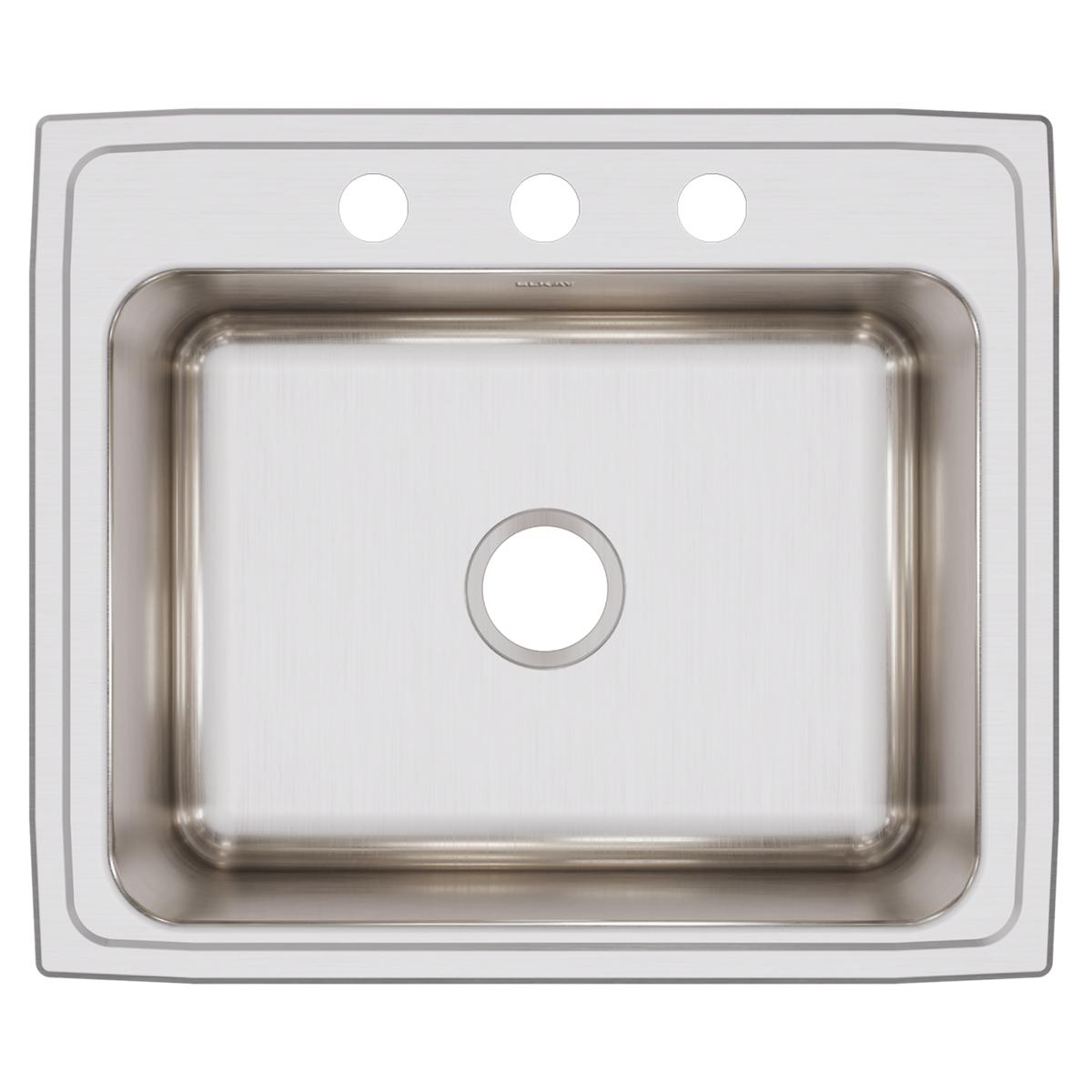 Stainless steel drop-in sink with single bowl, brushed finish, and three holes along the top rim for faucet installation.