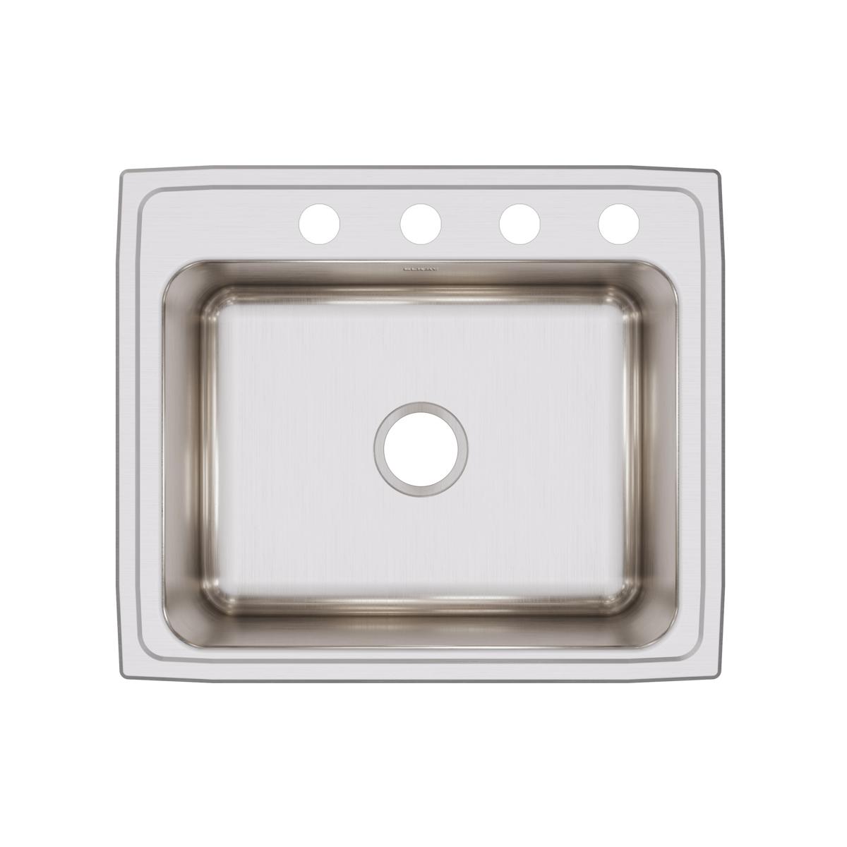 Stainless steel drop-in sink with single rectangular bowl and four mounting holes across the rim.
